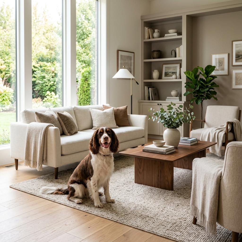 A clean, cozy living room with a happy dog on a rug