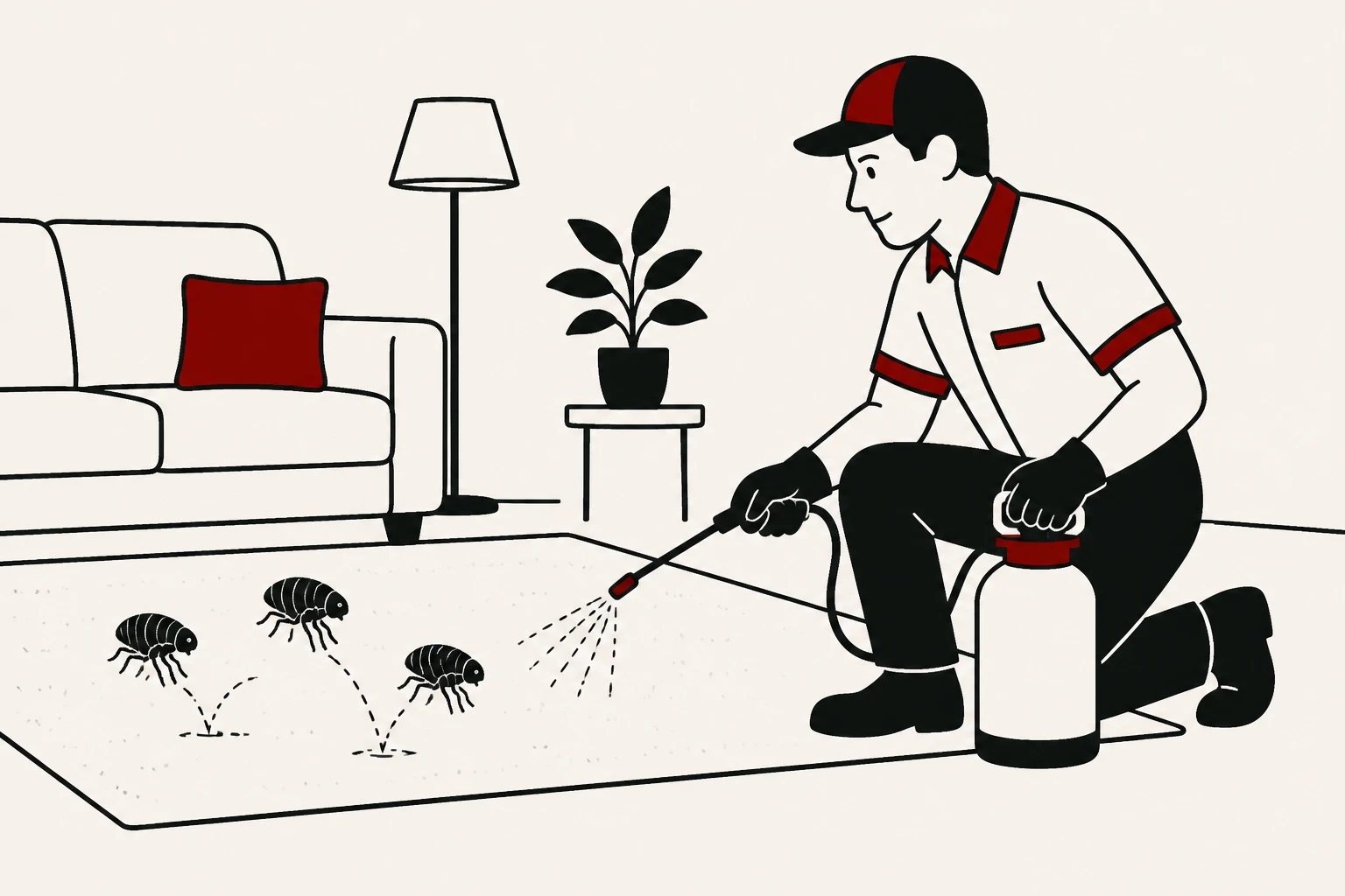 Friendly pest control technician treating a home for fleas